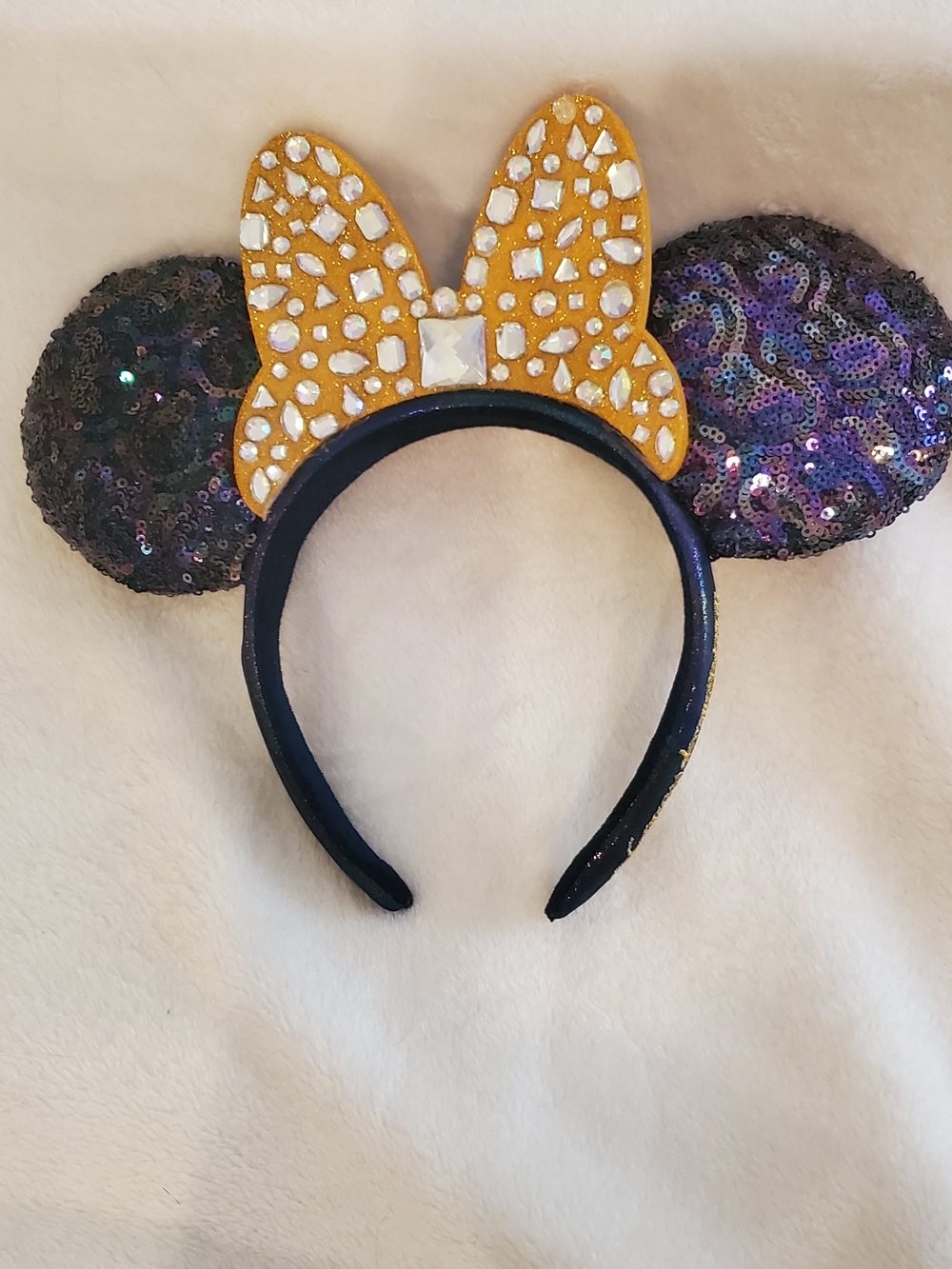 Sequin Mouse Ear Headband with Gold Jewel Bow